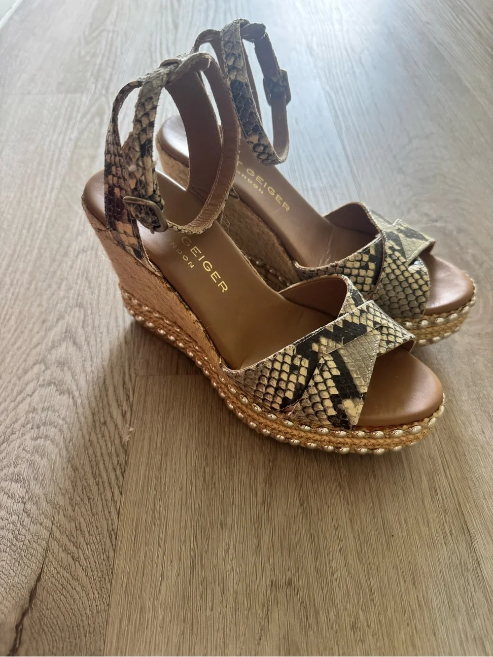 Kurt Geiger Snake-Print Espadrille Wedge Sandals in Brown and Black